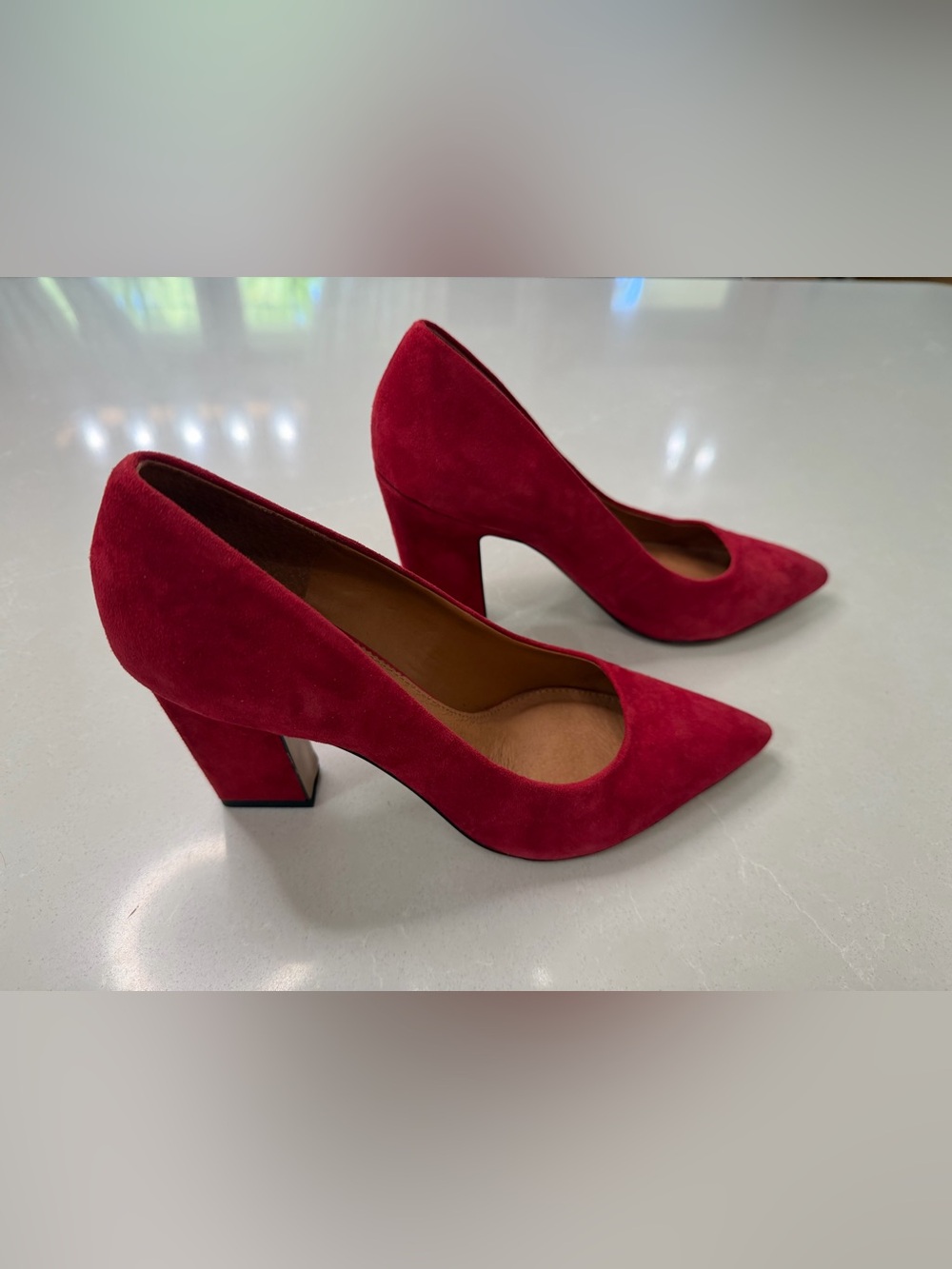 SARTO By Franco Sarto Red Sasha Suede Pointed Toe Block Heel Pumps, 8.5